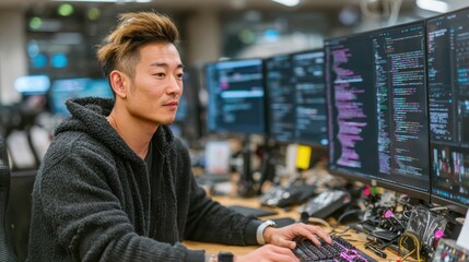 Focused programmer works on multiple screens in a modern office environment, concept of multitasking in tech-driven workplaces.