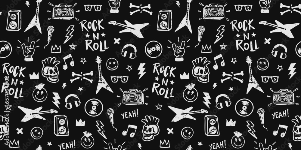 Seamless rock and roll doodle pattern with guitars, skulls, music notes ...