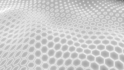 Wall Mural - smooth white hexagonal light mesh forming a flowing 3d surface, representing clean modern technology
