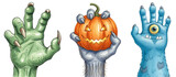 a watercolor illustration bundle of monster hands with a pumpkin