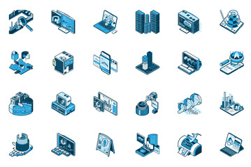 Wall Mural - Analysis concept of 3d isometric icons set. Collection with chart, computer, diagram, data computing, graph, finance information, analyzing and more in isometry design for web. Vector illustration.