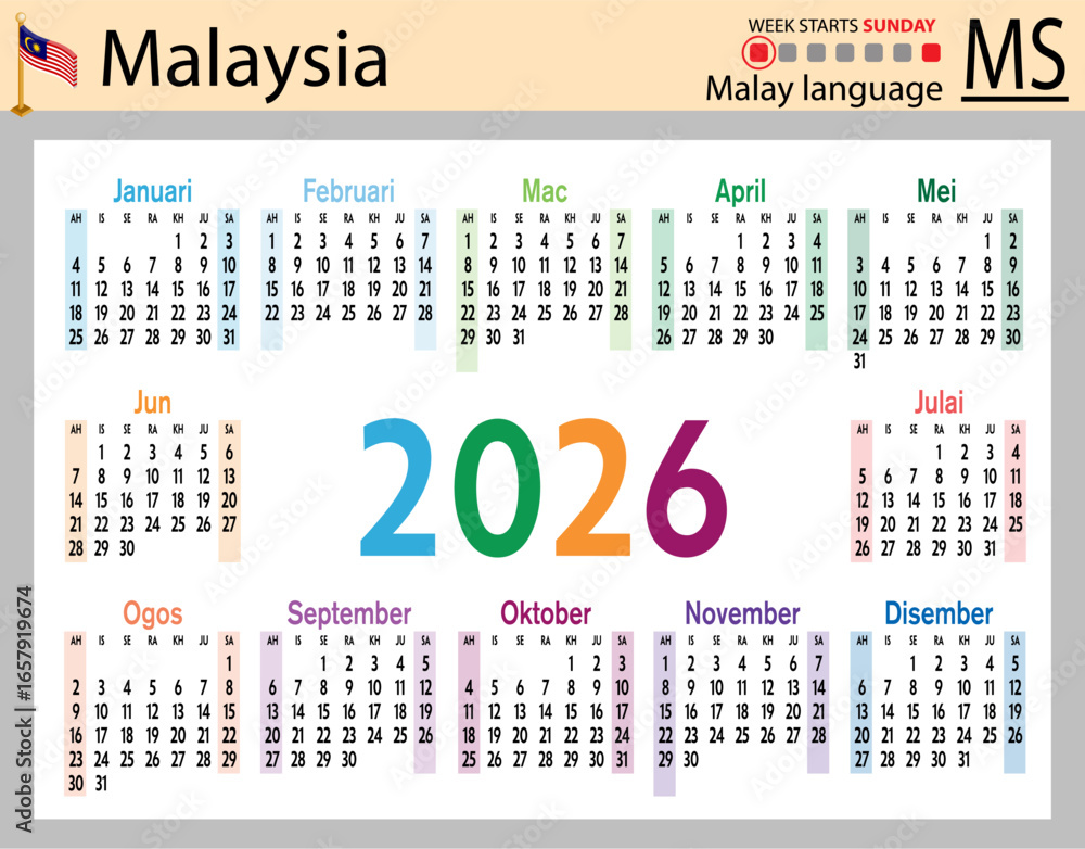 Malaysia horizontal Pocket calendars for 2026. Week starts Sunda Stock