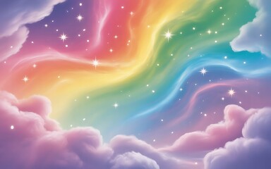 Wall Mural - A vibrant rainbow sky with fluffy clouds and twinkling stars creates a dreamy and magical atmosphere