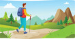 © Rizky - Hiker with a backpack and trekking poles walking along a scenic trail surrounded by trees and mountains.