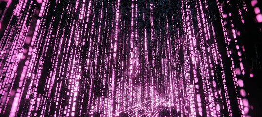 Abstract virtual rain of glowing purple binary computer data. Generative video AI technology.