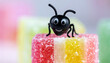 © Niko - Sugar graving concept: smiling black toy figurine ant over colourfully sugared candy