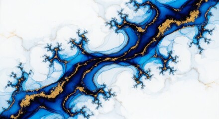 Wall Mural - abstract blue and gold fractal ink painting with branching patterns
