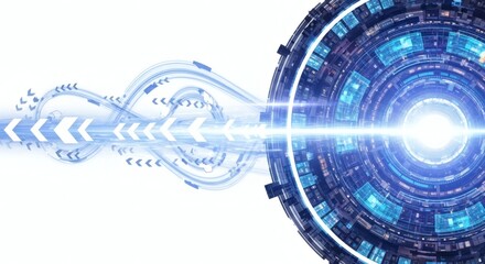 Wall Mural - Futuristic digital interface with glowing blue lines and arrows converging on a circular element