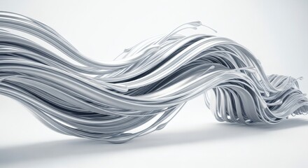 Wall Mural - gleaming silver liquid strands twisting and flowing against a white background