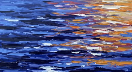 Wall Mural - impressionistic painting of choppy blue and orange water at sunset
