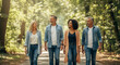 © SKILLTAKES.COM - Diverse group of mature friends enjoying a leisurely walk together on a sun-dappled forest path