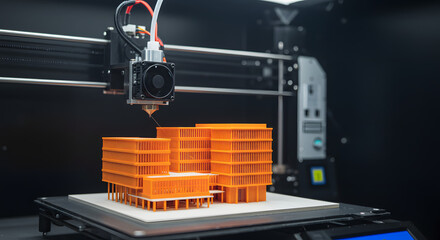 Close-up of a Modern 3D Printer Creating an Orange Architectural Model with FDM Technology