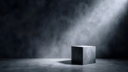 Wall Mural - solitary cube platform against a grey wall illuminated by dramatic lighting