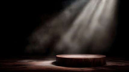 Wall Mural - wooden round podium illuminated by a dramatic spotlight in a studio setting