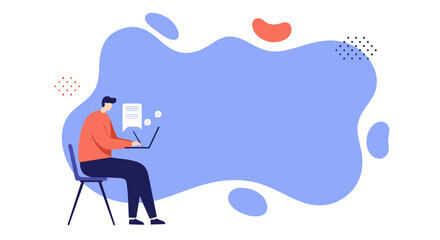Man using a laptop for remote work or online learning against an abstract background. Ideal for digital communication and modern productivity concepts.