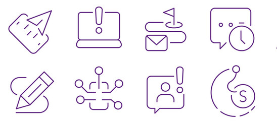Collection of modern business icons representing concepts like communication, planning, and finance.