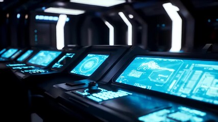 Futuristic control room with multiple glowing blue holographic displays and advanced consoles.