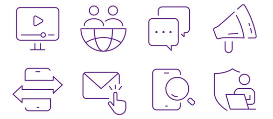 Digital communication and marketing icons representing online interaction, social media, and data security.
