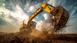 © Kristina - Excavator digging into soil during construction under a dramatic sky with clouds in a rural setting