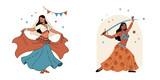 Isolated set: arabic belly dancer with sword and belly dance woman in flowing dress — arabic belly dancer at celebration