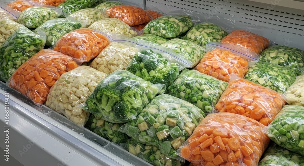 Colorful frozen vegetables, pre-cut and bagged, fill a supermarket ...