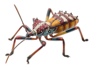 Detailed macro view of a spiked colorful assassin bug isolated on transparent background