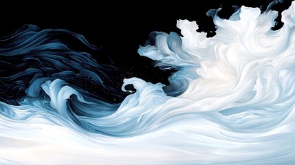 Wall Mural -   A monochromatic depiction of cascading white waves against a dark backdrop, with a solitary droplet of water on the canvas's left edge