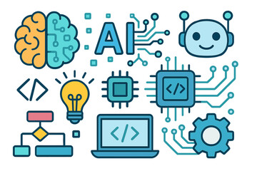 Artificial intelligence icon set. AI, machine learning, data science concepts. Brain, robot, code, algorithm, processor icons. Tech development and programming symbol collection.