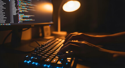 Coding Under the Lamp Programmer Working Late on a Computer in Dimly Lit Room