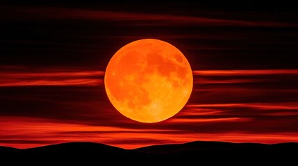Wall Mural -   Orange moon in the sky with mountains in the foreground
