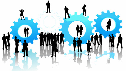 Silhouetted people interacting around blue gears representing teamwork and collaboration in a business setting