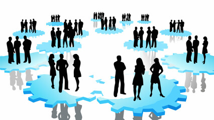 Silhouetted people standing on interconnected gears representing teamwork and collaboration in business setting