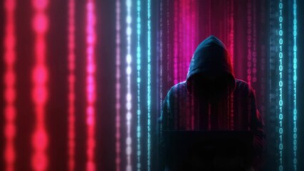 computer hacker in matrix cybercrime concept on binary code web background illustrated animation