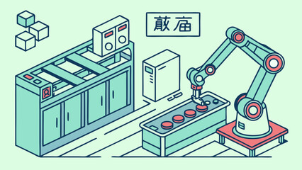 Isometric factory with robot arm assembling product line automation and industrial manufacturing equipment, showcasing technological advancement