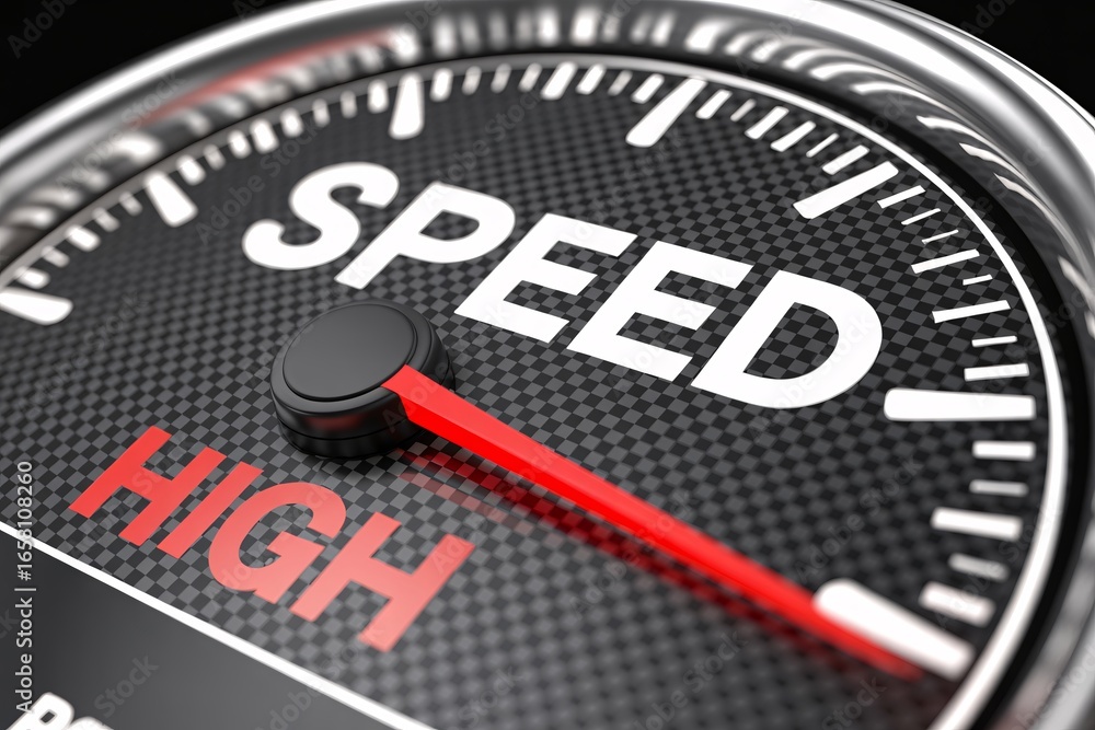 High speed performance gauge with red needle in max zone, acceleration ...