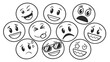 © Forida - A diverse collection of cartoon smiley faces expressing various emotions and moods in a playful black and white illustration