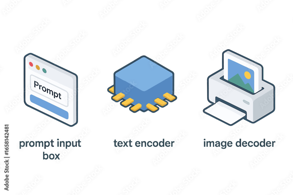 Isometric icons of text-to-image pipeline. Generative AI process ...