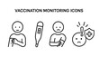 © Michael - Outline Vector Icons Set Vaccination Side Effects Monitoring, Patient Holding Arm, Thermometer, Symptoms, Health Risk Alert, Medical Immunization Safety, Transparent Background Isolated