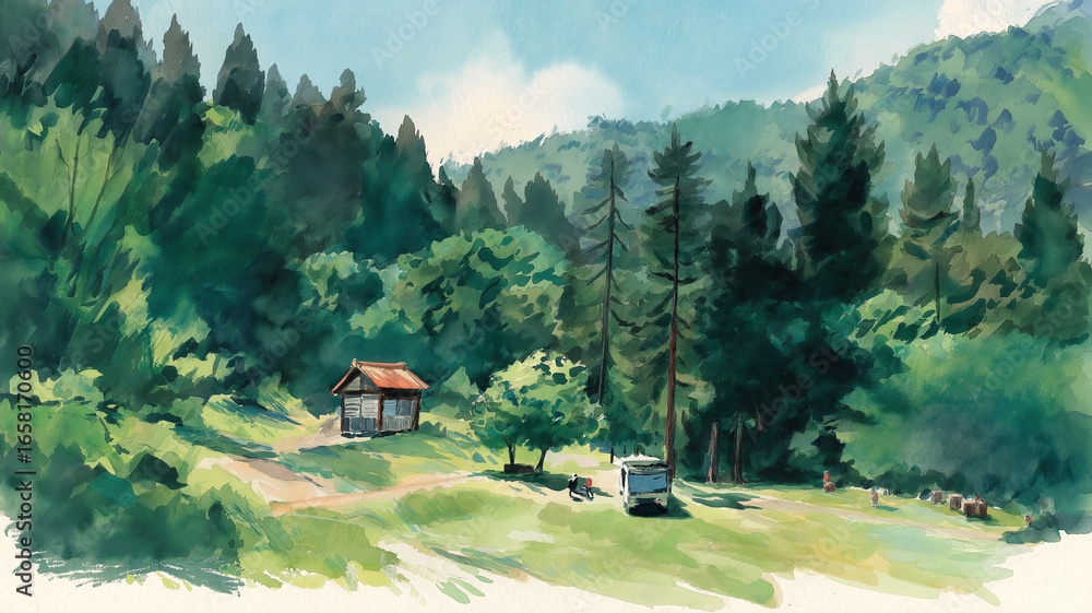 1950年代の農村風景を水彩画で表現した日本の田舎イラスト。木造の家屋