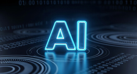 Glowing blue AI lettering on dark tech background with binary code, representing artificial intelligence, innovation, and digital technology