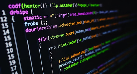 Close-up of colorful computer code on a dark screen, showcasing lines of programming language, symbolizing software development, technology, and digital innovation
