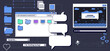 © klyaksun - Classic retro internet y2k desktop with blue folder icons, file explorer window and empty speech bubbles on dark grid background. Nostalgic pixel game computer interface for old school web aesthetic.
