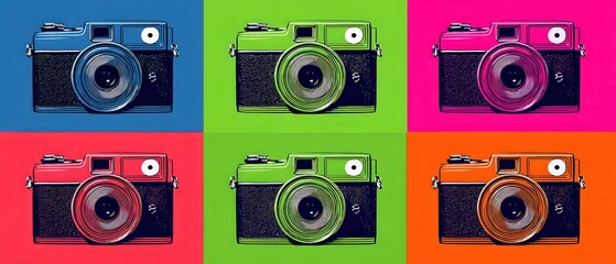 Wall Mural - colorful pop art of vintage cameras in blue, green, pink, red and orange retro photography concept