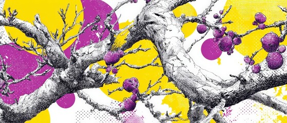 Wall Mural - artistic tree branches illustration with purple fruits and yellow circles in a modern graphic design