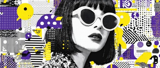 Wall Mural - stylish white woman with sunglasses in pop art style graphic background concept of fashion, design a