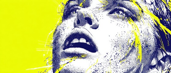 Wall Mural - expressive adult woman halftone portrait with bright yellow accents, looking up with hope and inspir