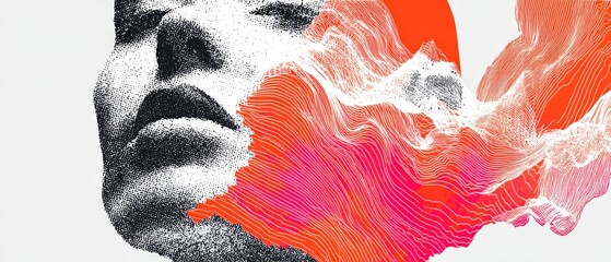 Wall Mural - Abstract halftone portrait of a woman with vibrant orange and pink sound wave design Conceptual art of music, technology, and feminine energy