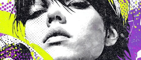 Wall Mural - artistic halftone portrait of a young woman with vibrant pop art background, showcasing retro and mo