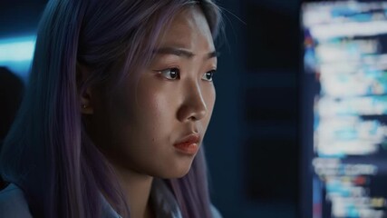 Focused programmer coding on a computer late at night indoors