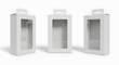 © Paul Studio - Three white cardboard boxes with transparent windows and hanging tabs are displayed on a white background.